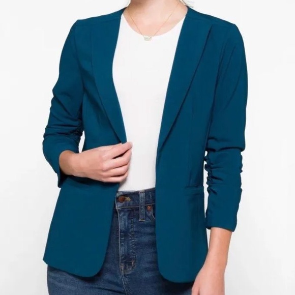 Skies Are Blue Jackets & Blazers - SKIES ARE BLUE X STITCH FIX | Raja Collarless Blazer in Teal Green, Size Small